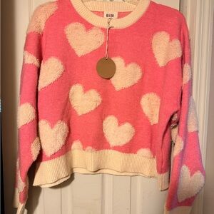 NWT Women’s BIBI Pink Puff Heart Sweater XL Valentine Medium Light Pink
